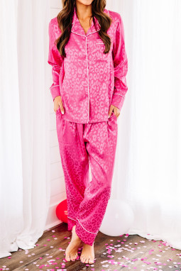 玫粉色2件豹纹缎面长袖睡衣套装