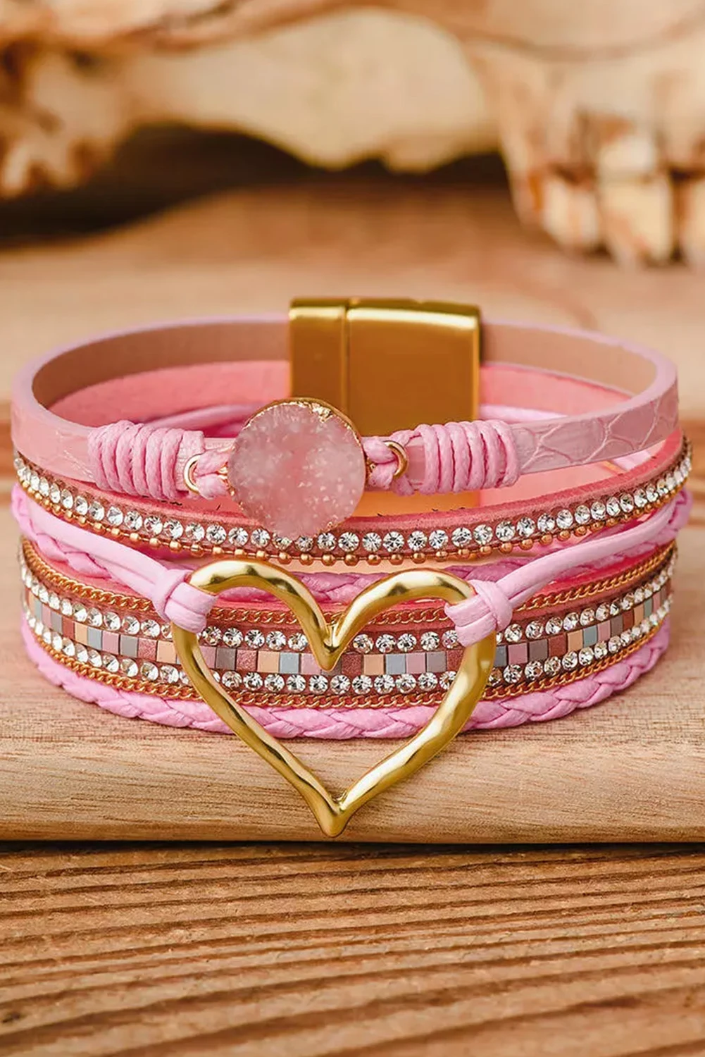 粉色波西米亚心形水钻磁扣手链 BH011916