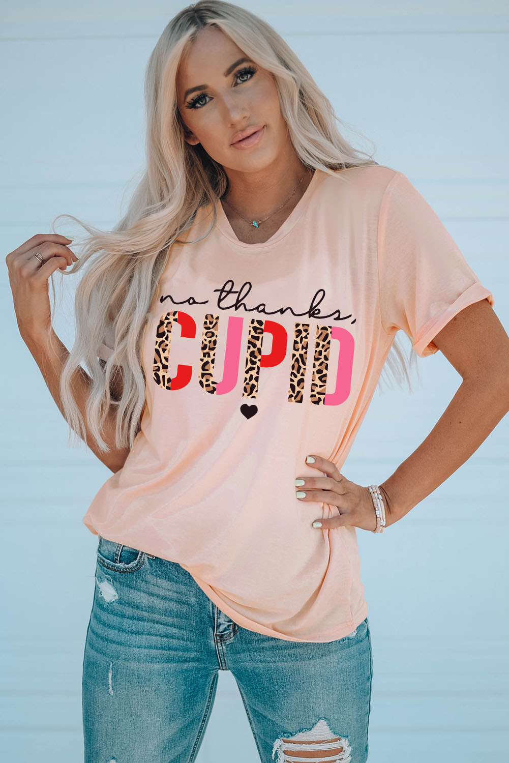 粉色 CUPID 字母豹纹短袖图案 T 恤 LC25218976
