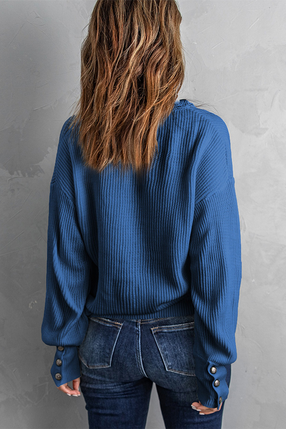 蓝色蕾丝 V 领针织套头毛衣 LC2721148