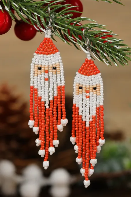 红色圣诞圣诞老人串珠流苏耳环