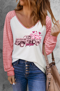 粉色情人节拼色汽车心形图案长袖上衣