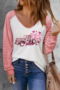 粉色情人节拼色汽车心形图案长袖上衣