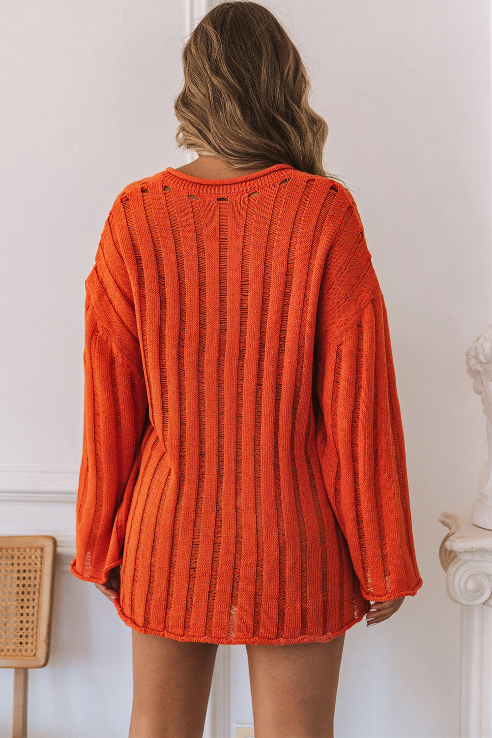 橙色罗纹宽松针织 V 领套头毛衣 LC2722762