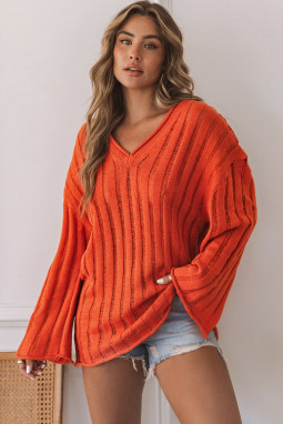 橙色罗纹宽松针织 V 领套头毛衣
