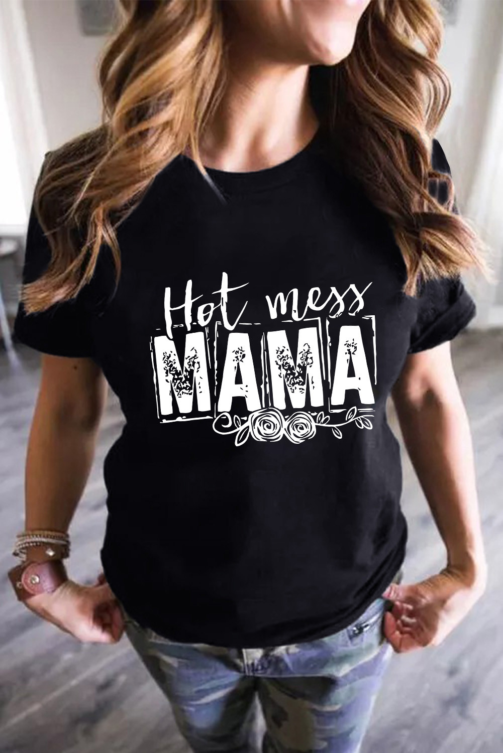 黑色 MAMA Hot Mess 图案印花短袖 T 恤 LC25219291
