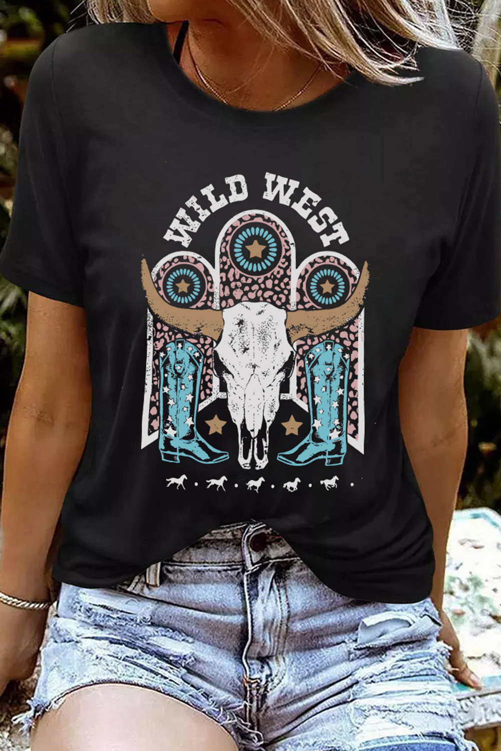 黑色 WILD WEST 西部牛头图案印花短袖 T 恤 LC25219291