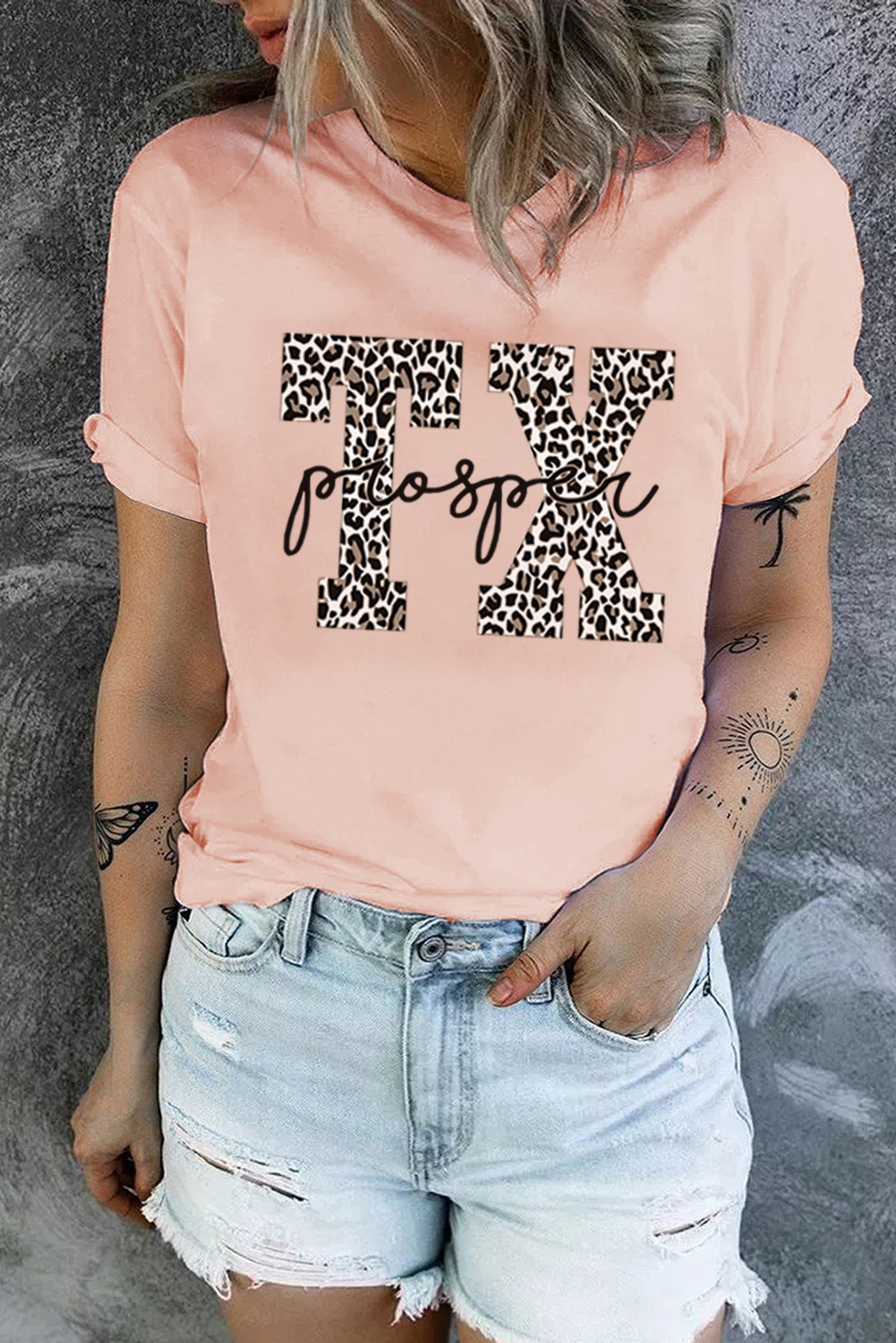 粉色 TX 豹纹印花圆领 T 恤 LC25219168