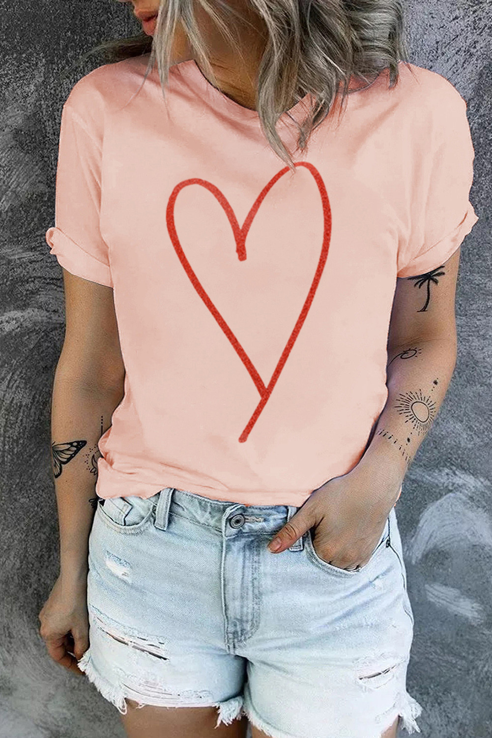 粉色心形闪粉印花短袖图案 T 恤 LC25219225