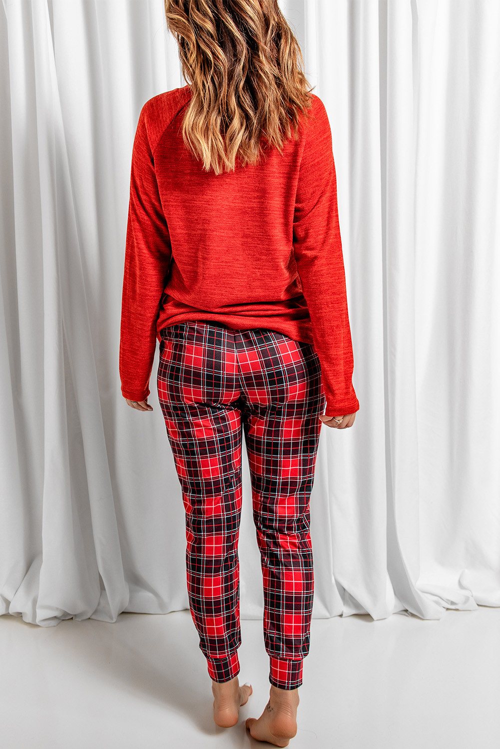 红色 XOXO 心形印花上衣和格子裤休闲装 LC4512118