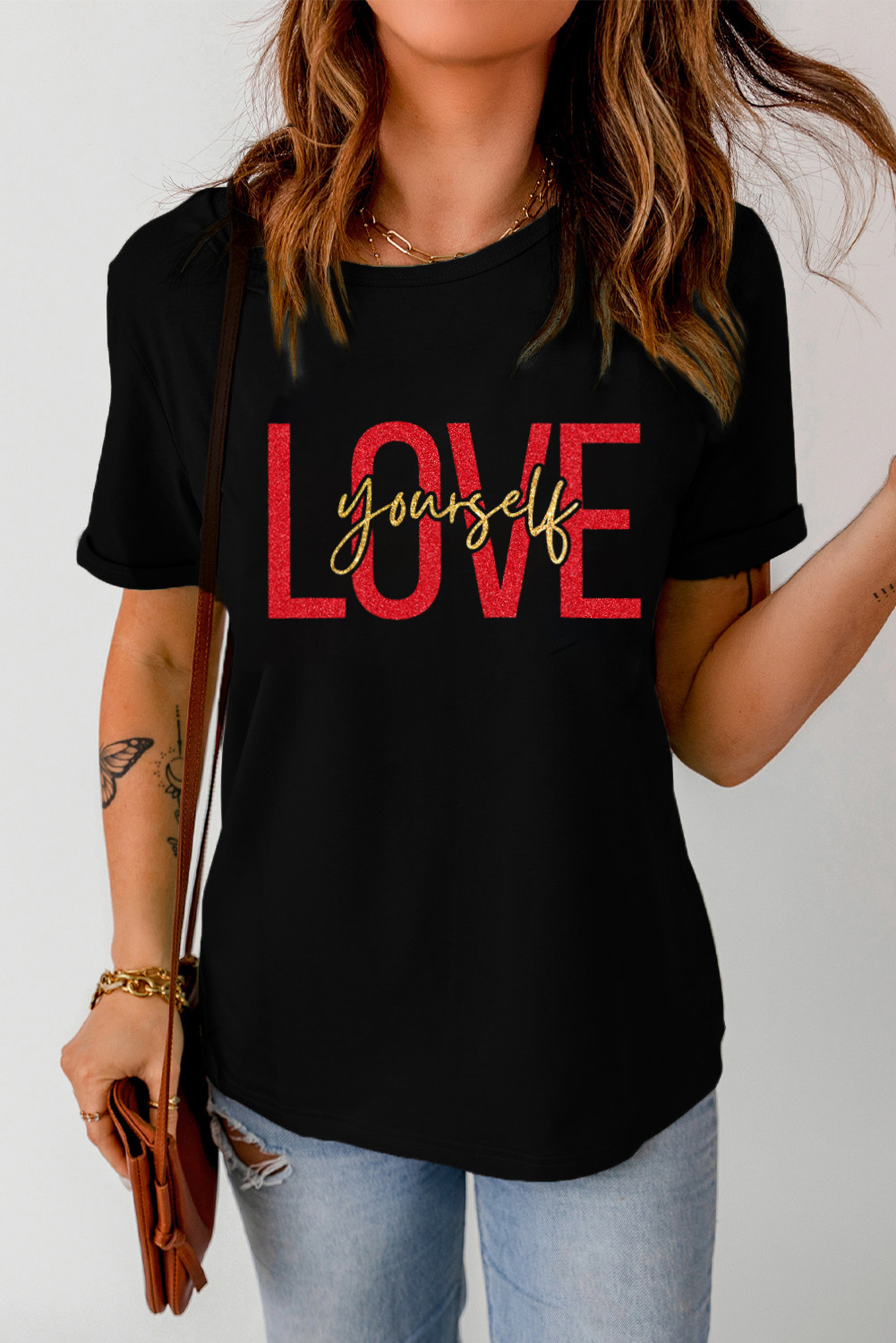 黑色 LOVE Yourself 闪光图案印花短袖 T 恤 LC25219168