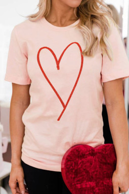 粉色心形闪粉印花短袖图案 T 恤