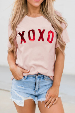 粉色 XOXO 闪粉图案印花短袖图案 T 恤