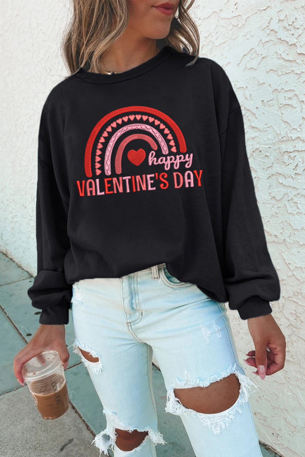 黑色 Happy Valentine's Day 图案刺绣套头衫 LC25314113