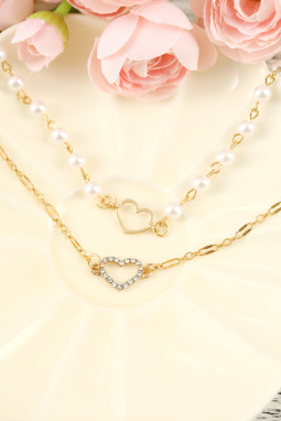 金色 2 颗水钻心形装饰人造珍珠项链