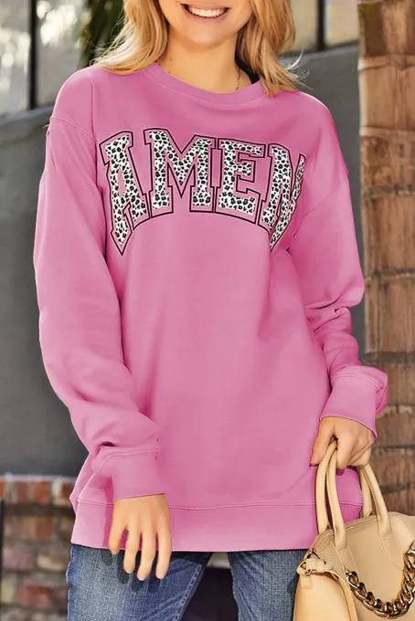粉色 AMEN 豹纹字母印花大廓形套头卫衣