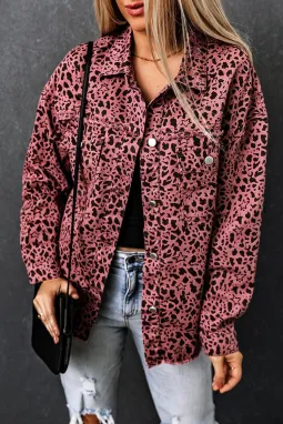 粉色星星和动物斑点印花纽扣牛仔衬衫夹克