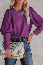 紫色缎面纽扣袖口泡泡袖上衣