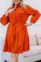橙色加大码高腰灯芯绒连衣裙