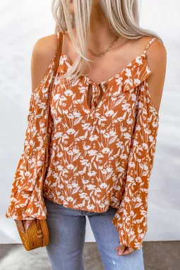 橙色系领露肩喇叭袖花卉衬衫