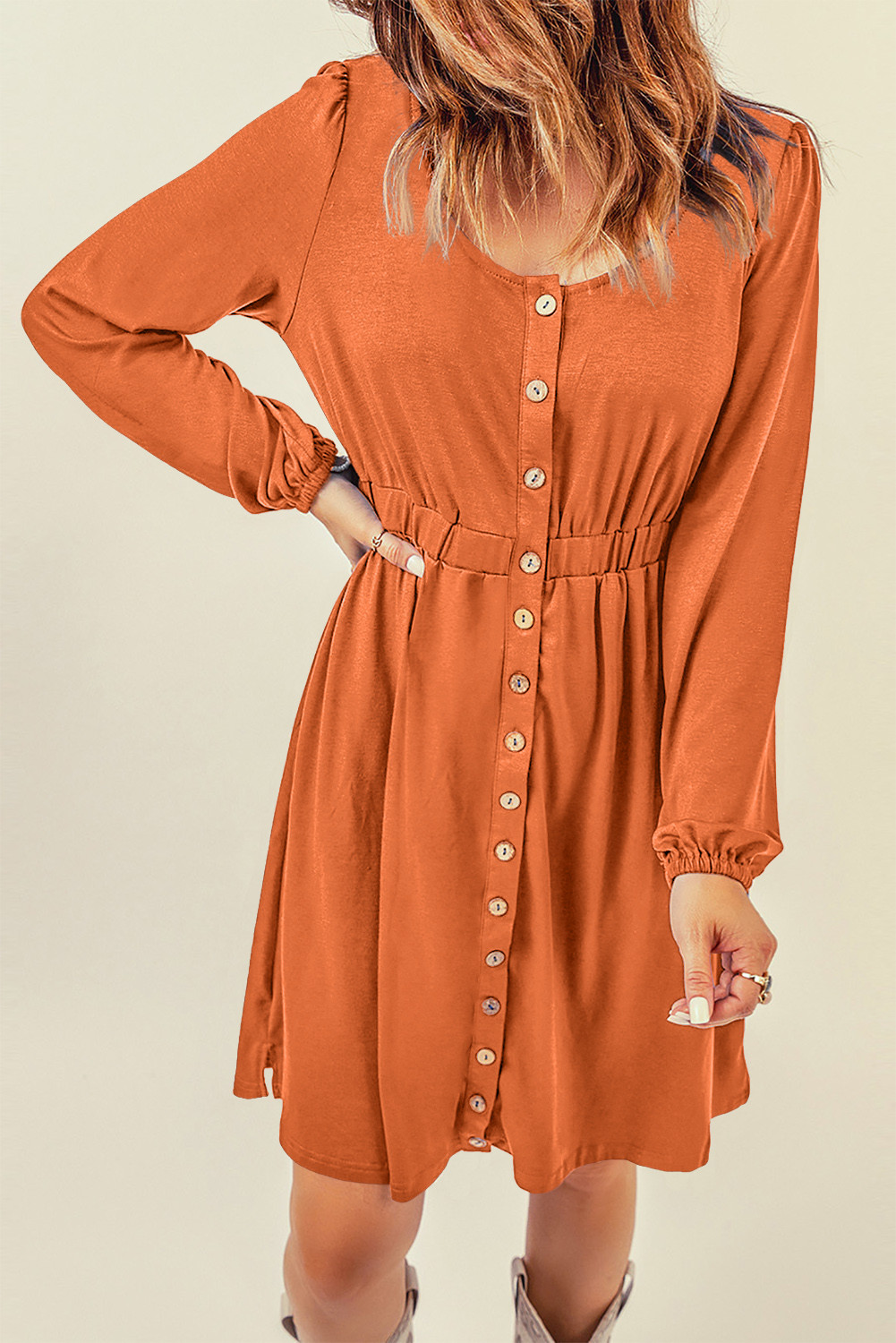 橙色系扣高腰长袖连衣裙 LC6111416