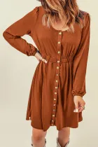棕色纽扣高腰长袖连衣裙