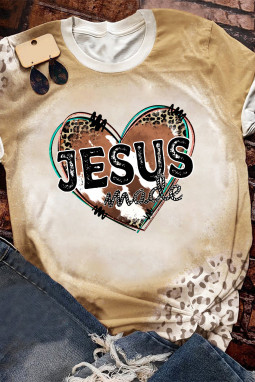 卡其色 Jesus Heart 图案印花漂白情人节 T 恤
