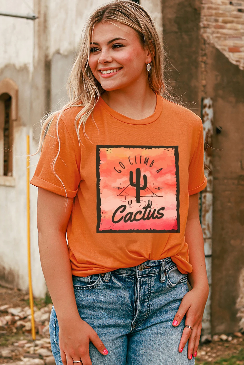 橙色 GO CLIMB A Cactus 西部图案印花 T 恤 LC25219583
