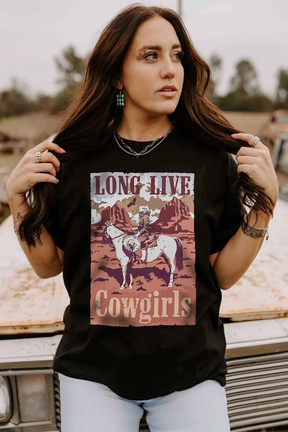 黑色 LONG LIVE 女牛仔图案印花短袖 T 恤 LC25219583
