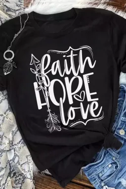黑色 Faith Hope Love 图案印花短袖 T 恤