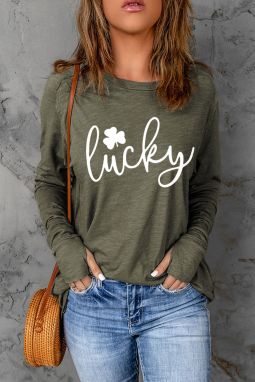 绿色 Lucky 幸运草图案印花长袖束腰上衣