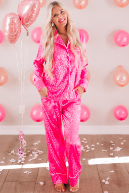 玫粉色2件豹纹缎面长袖睡衣套装