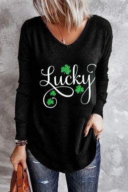 黑色 St. Patrick Lucky 幸运草闪光图案印花 V 领上衣
