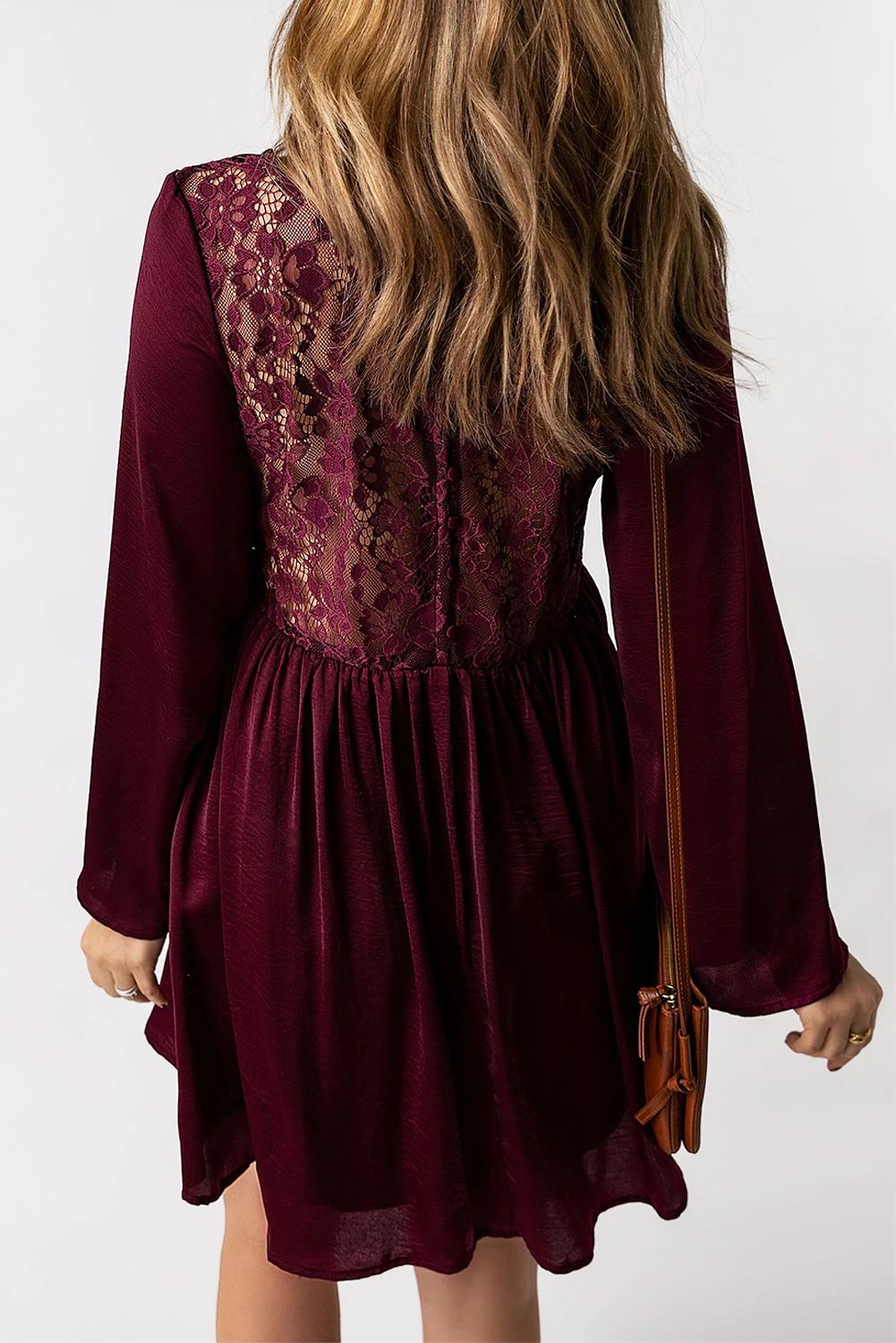 紫色系扣透明蕾丝背带长袖连衣裙 LC6113230