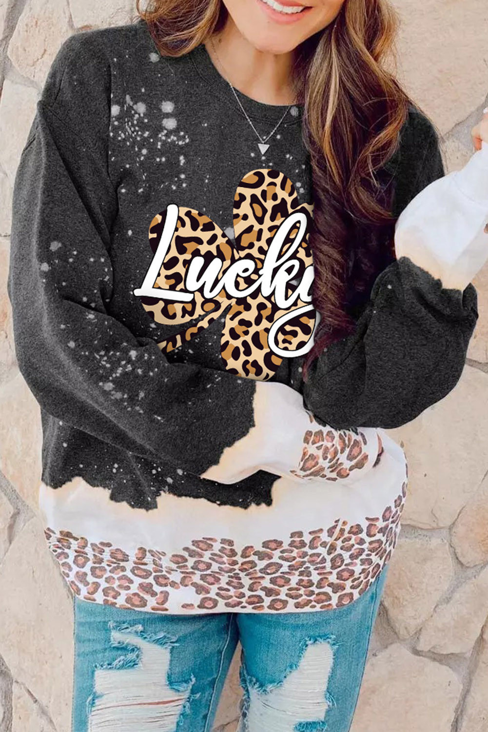 黑色 Lucky 豹纹漂白图案卫衣 LC25312493