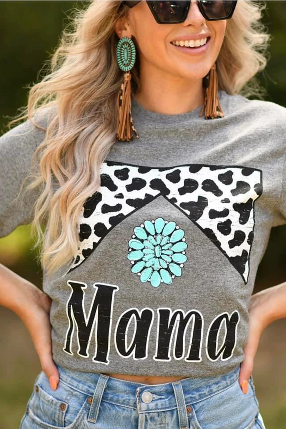 灰色豹纹绿松石串珠Mama图案 T 恤 LC25219845