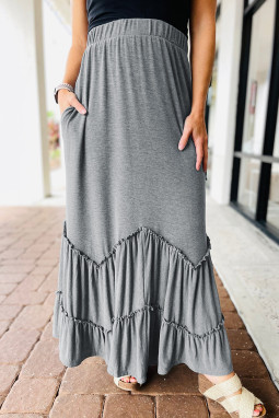 灰色之字形层接式超长半身裙