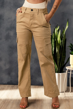 棕色多口袋直筒工装裤