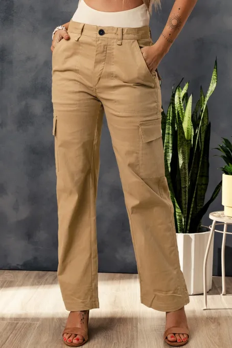 棕色多口袋直筒工装裤