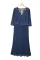 蓝色蕾丝扇形 V 领 3/4 袖百褶薄纱加长连衣裙