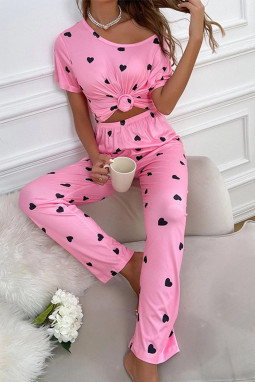 粉色情人节心形图案两件套休闲套装