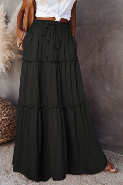 黑色褶边分层抽绳腰部超长半身裙