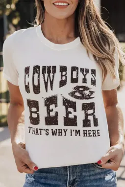 白色 COW BOYS & BEERS 字母图案 T 恤