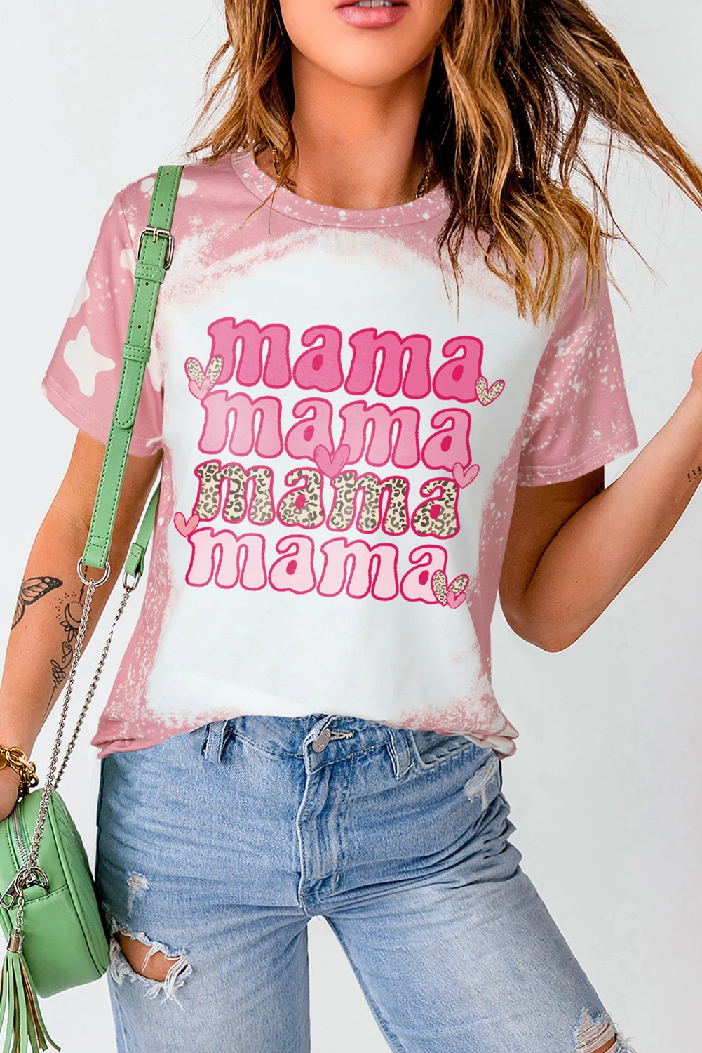 粉色 mama 豹纹心形漂白图案 T 恤 LC25219060
