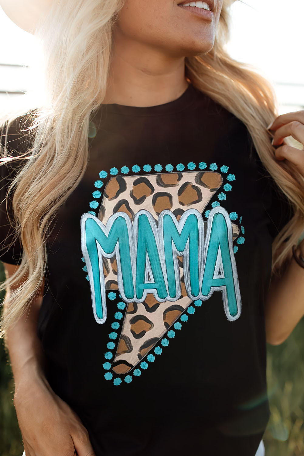 黑色西部时尚 MAMA 豹纹闪电图案 T 恤 LC25219698