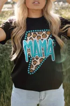 黑色西部时尚 MAMA 豹纹闪电图案 T 恤