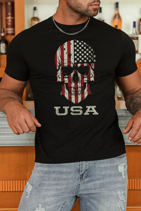 黑色美国国旗骷髅图案印花修身男士 T 恤