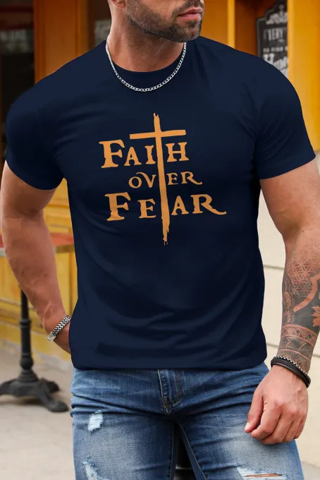 蓝色 Faith Over Fear Cross 印花短袖男士图案 T 恤