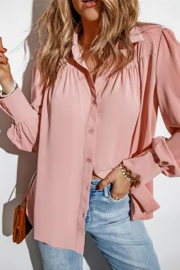 粉色纯色纽扣宽松长袖衬衫