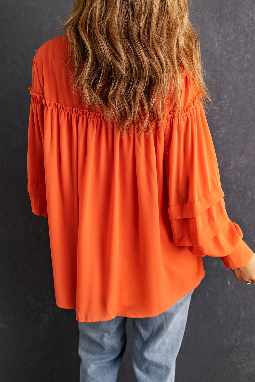 橙色褶边饰边泡泡袖衬衫 LC2553034